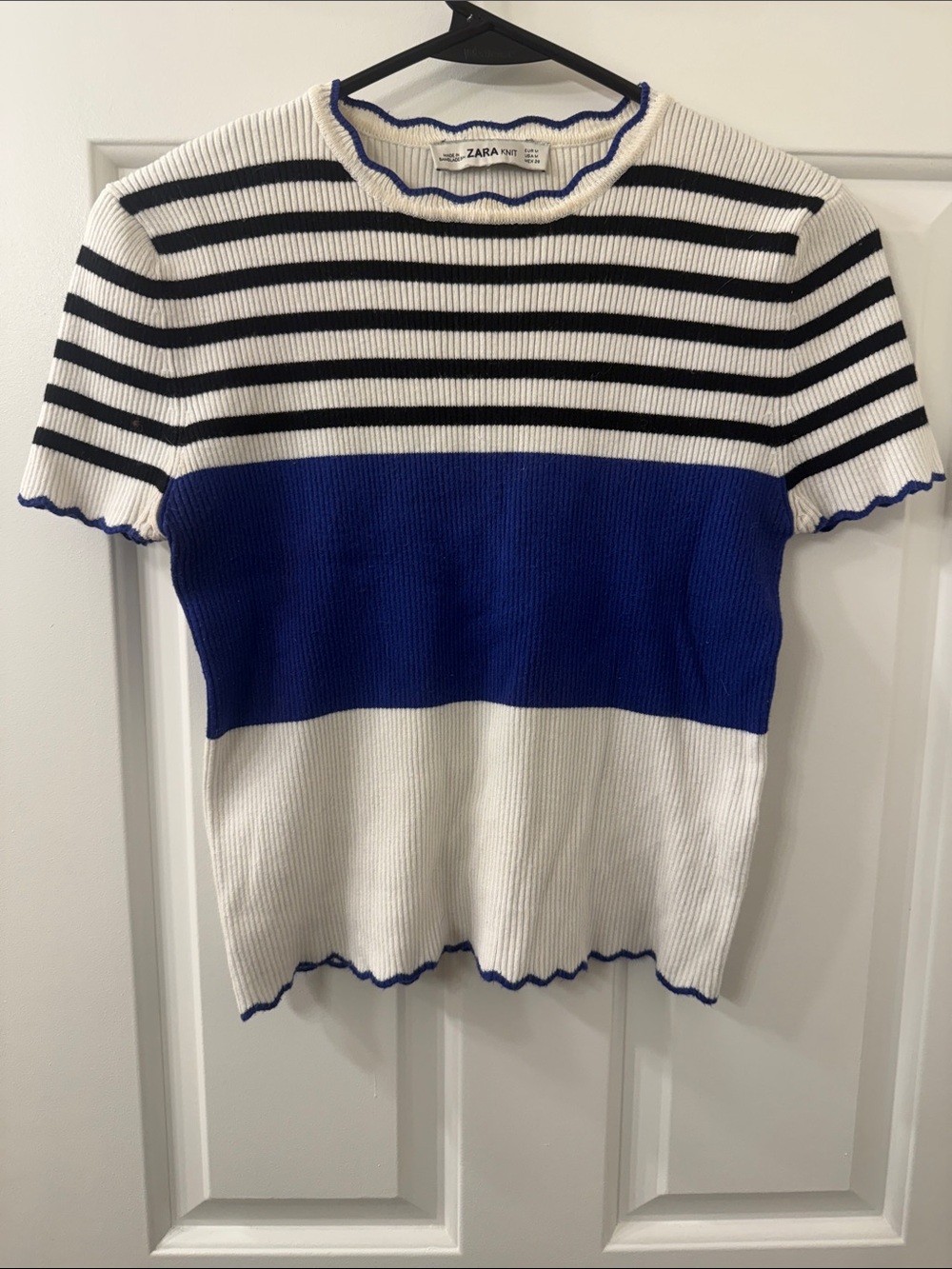 Zara White, Black & Royal Blue Striped Short Sleeve Knit Top